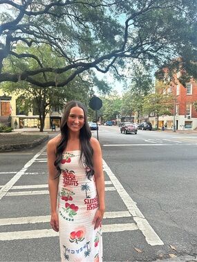 Sleeveless White Fruit-Print Maxi Dress